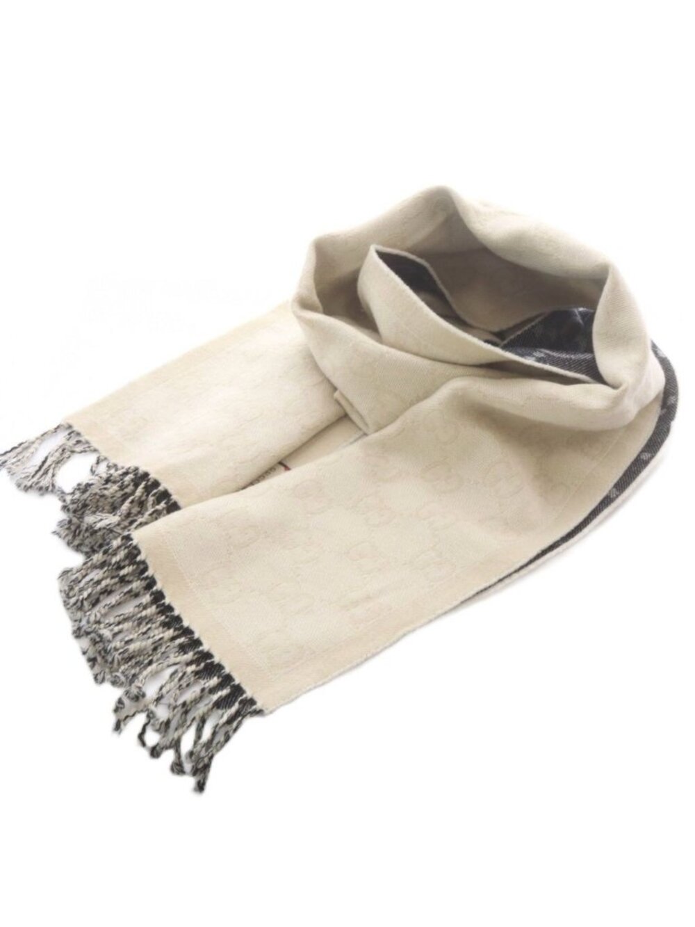 Gucci GG Pattern Reversible Scarf Fringe Beige